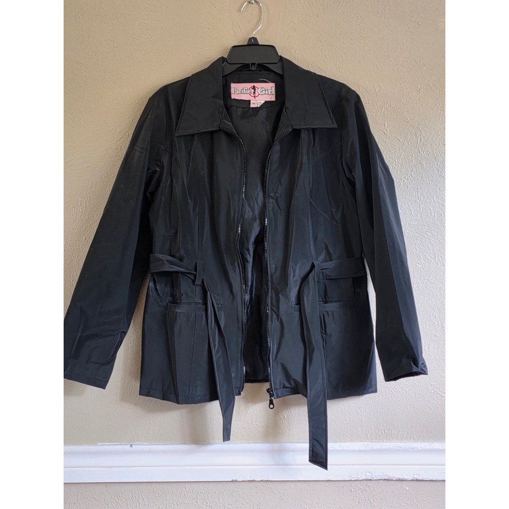 Pacific‎ Girl Black Belted Windbreaker Jacket Zip Up Detachable Hood Womens Med